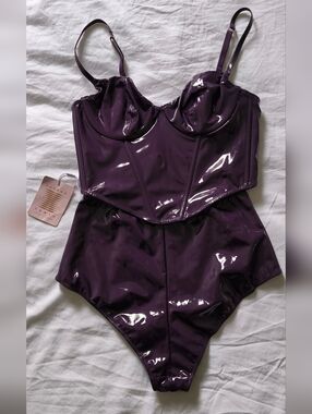 Savage X Fenty Glossy Plum Vinyl Bustier & High-Waist Brief Set